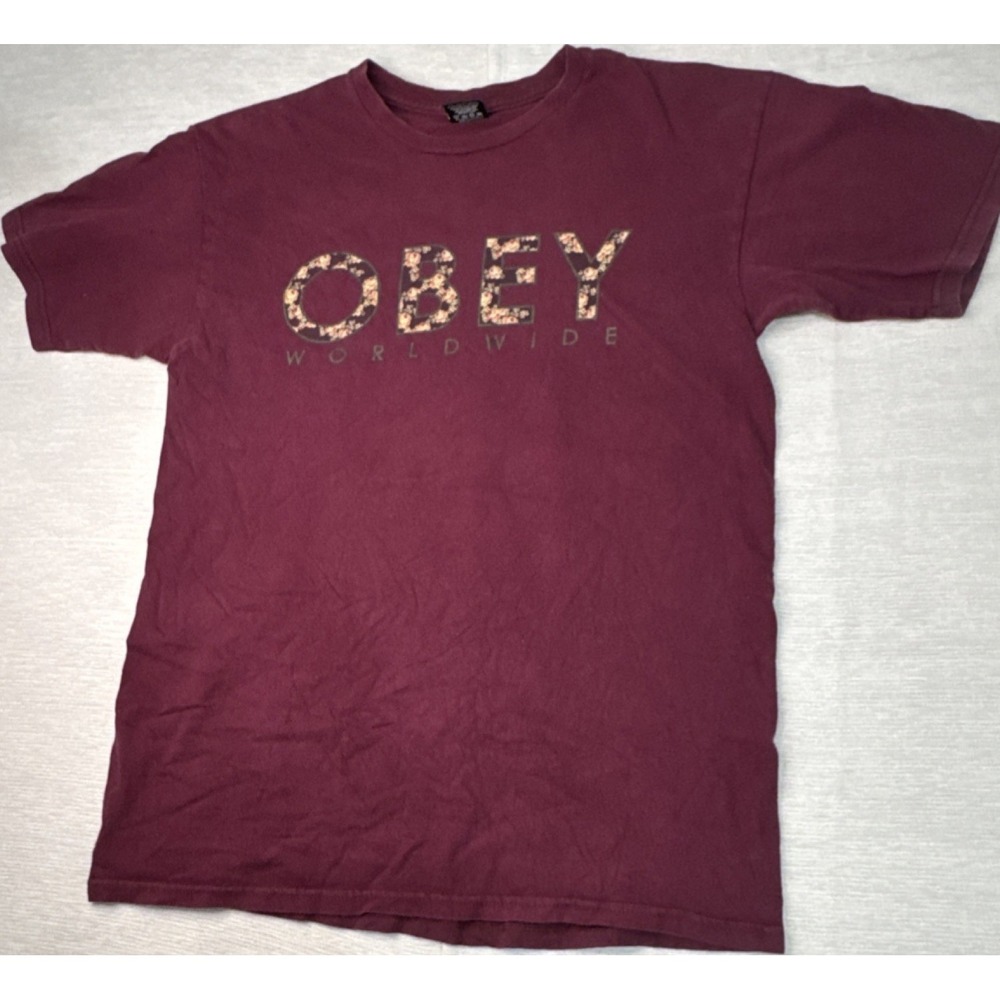 OBEY Burgundy Graphic Logo Men's Knit Cotton Crew Neck Short Sleeve T-Shirt M